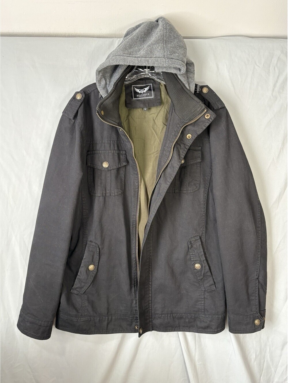 Alliance Fashion Black Denim Field Jacket Military Utility Hooded Men’s Large
